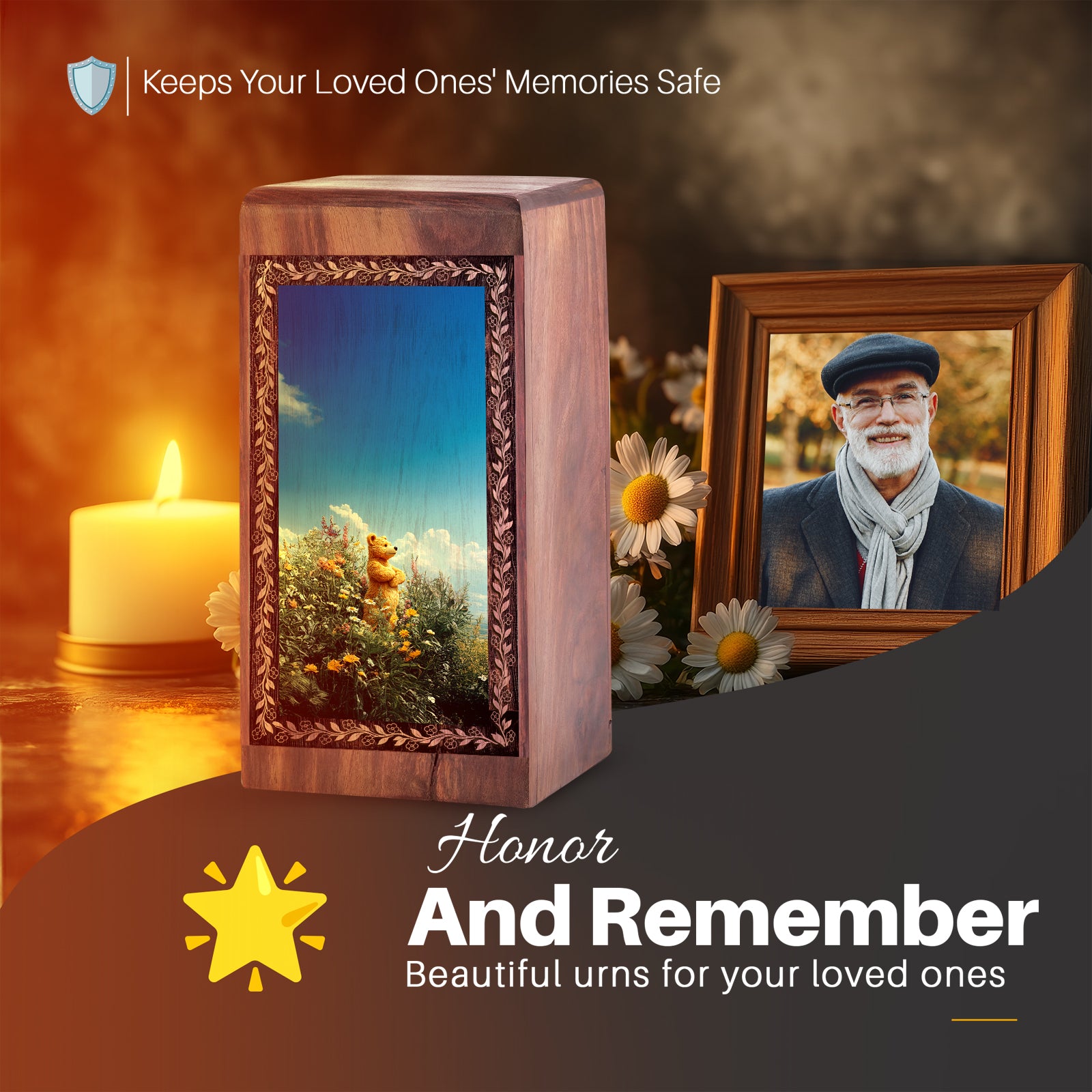 Wildflower Nature Theme Wooden Box - Wooden Cremation Urn For Male & Female