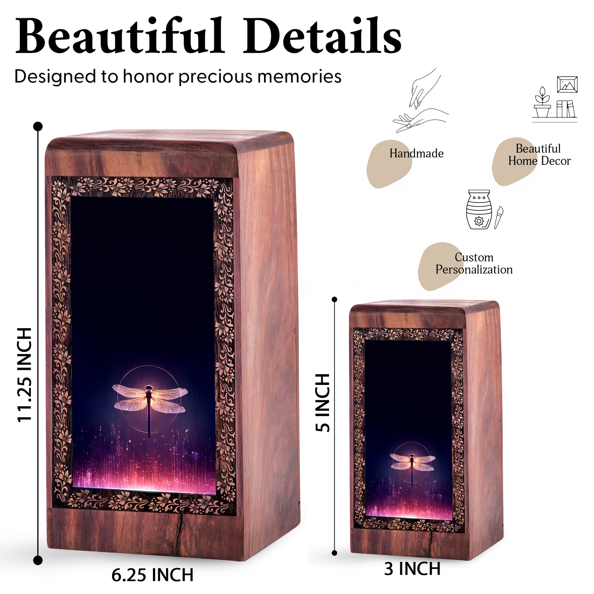 Handmade Wooden Dragonfly Urn Box for Ashes - Purple Theme Pet Cremation Box