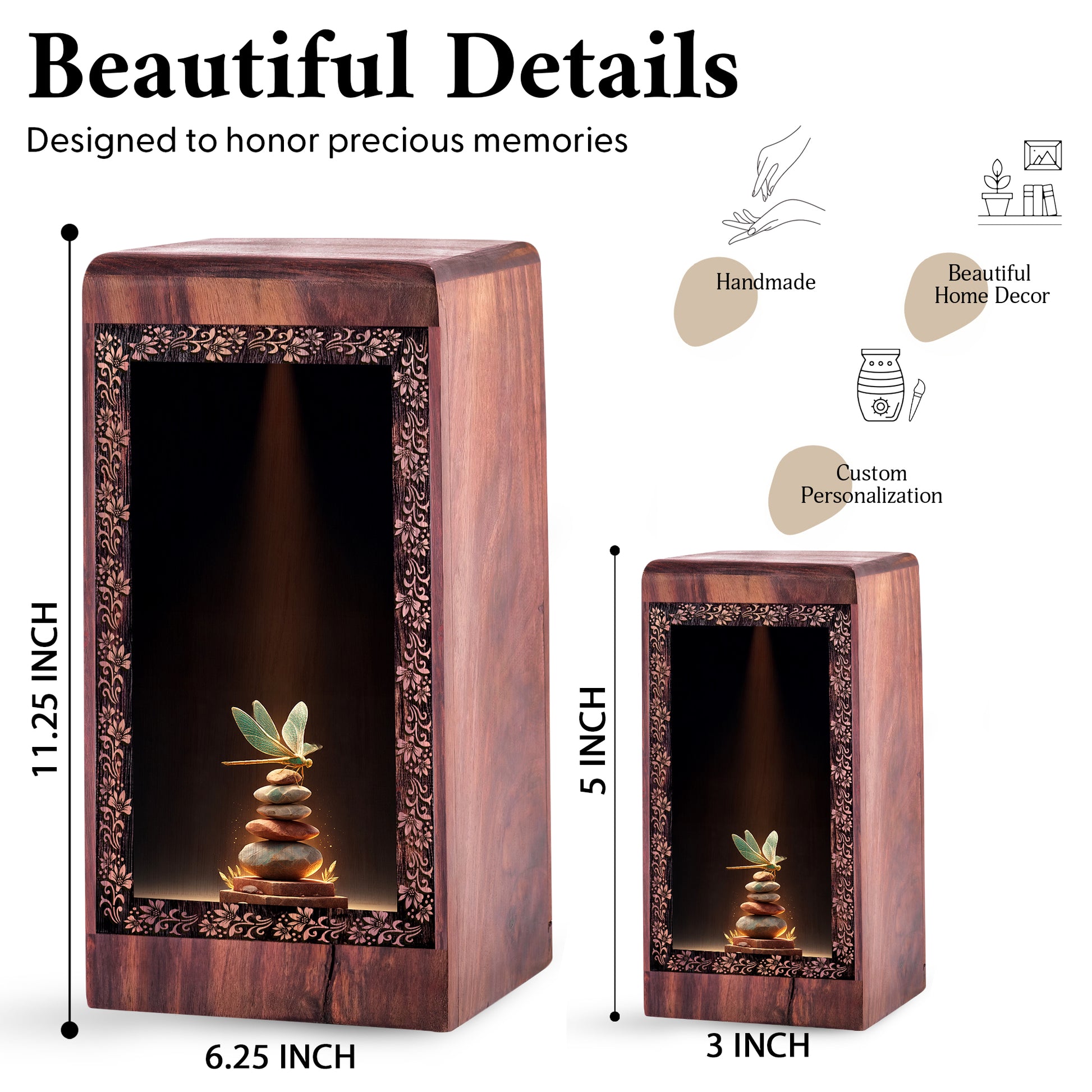 Dragonfly Wood Urn Box For Adult Male - Zen Stones Theme Wooden Funeral Urn