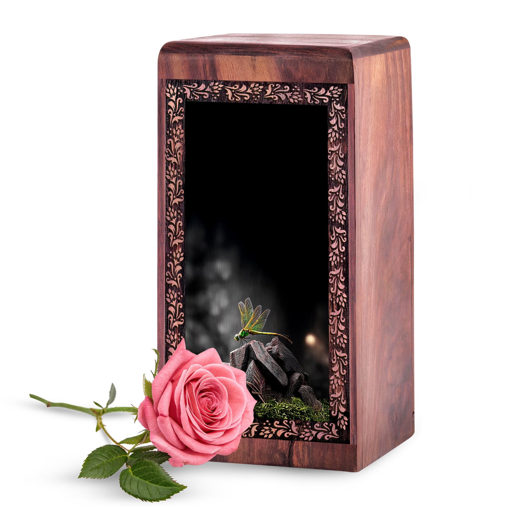 Nature Theme Dragonfly Memorial - Handcrafted Wood Urn For Adult Male & Female
