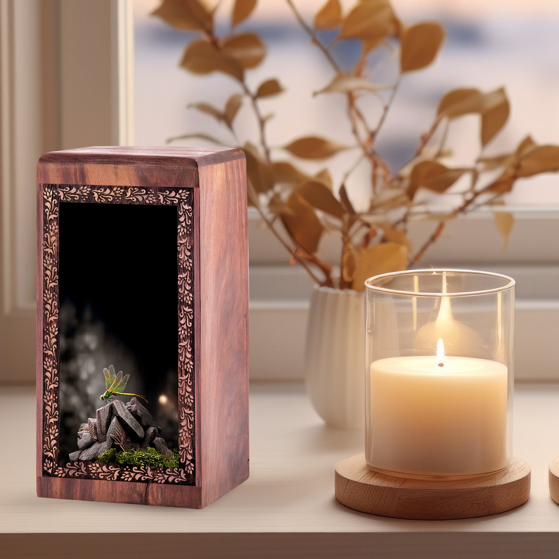 Nature Theme Dragonfly Memorial - Handcrafted Wood Urn For Adult Male & Female