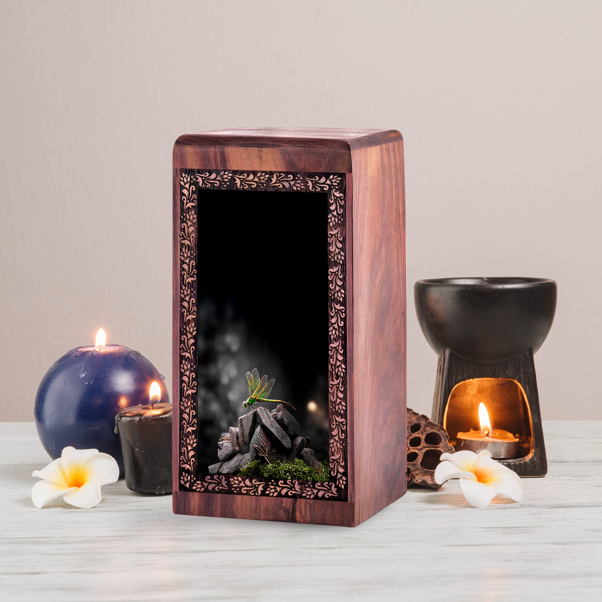 Nature Theme Dragonfly Memorial - Handcrafted Wood Urn For Adult Male & Female