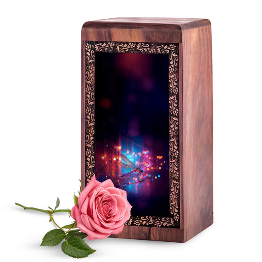 Vibrant Light Dragonfly Cremation Urn for Ashes - Wooden Urns For Adult Ashes