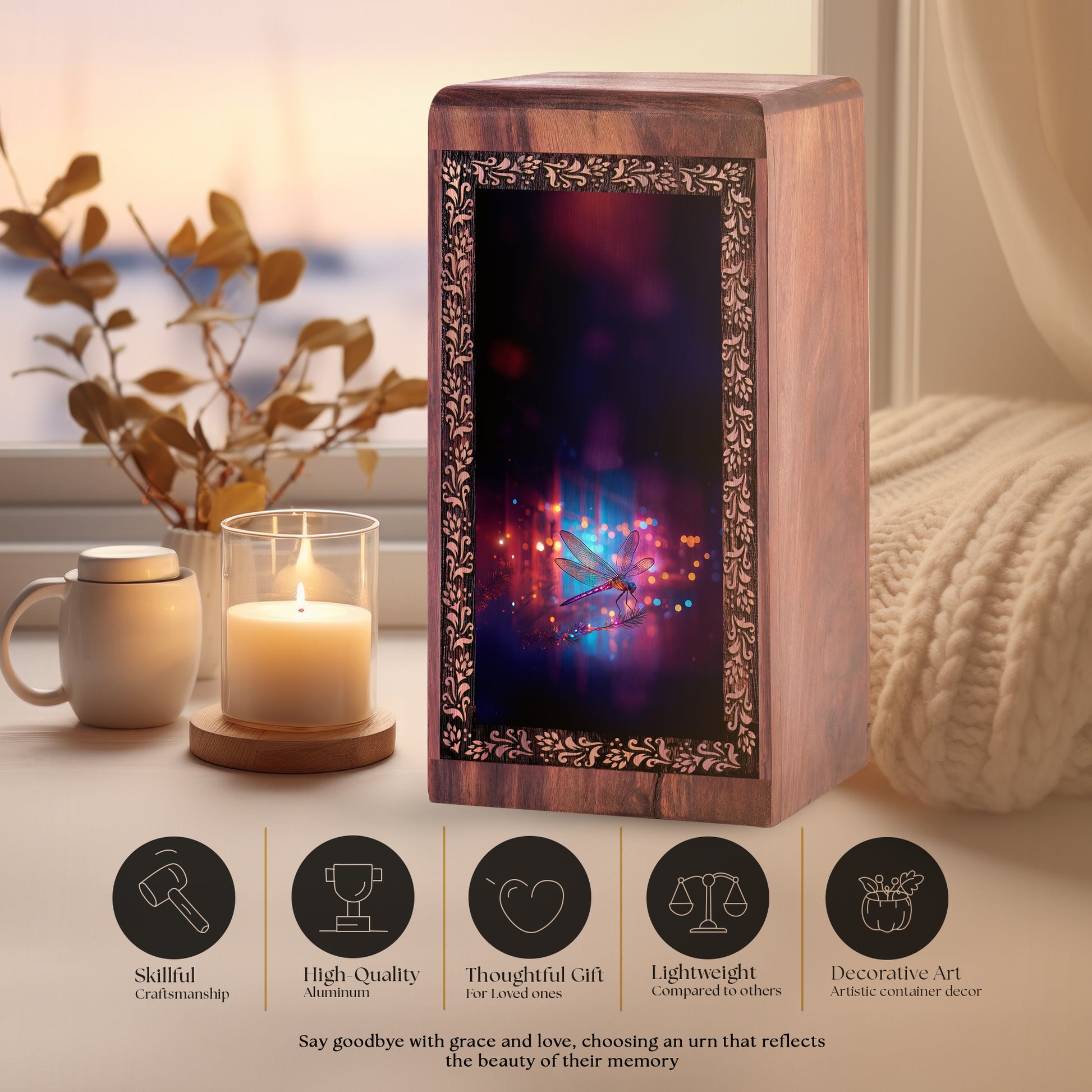 Vibrant Light Dragonfly Cremation Urn for Ashes - Wooden Urns For Adult Ashes