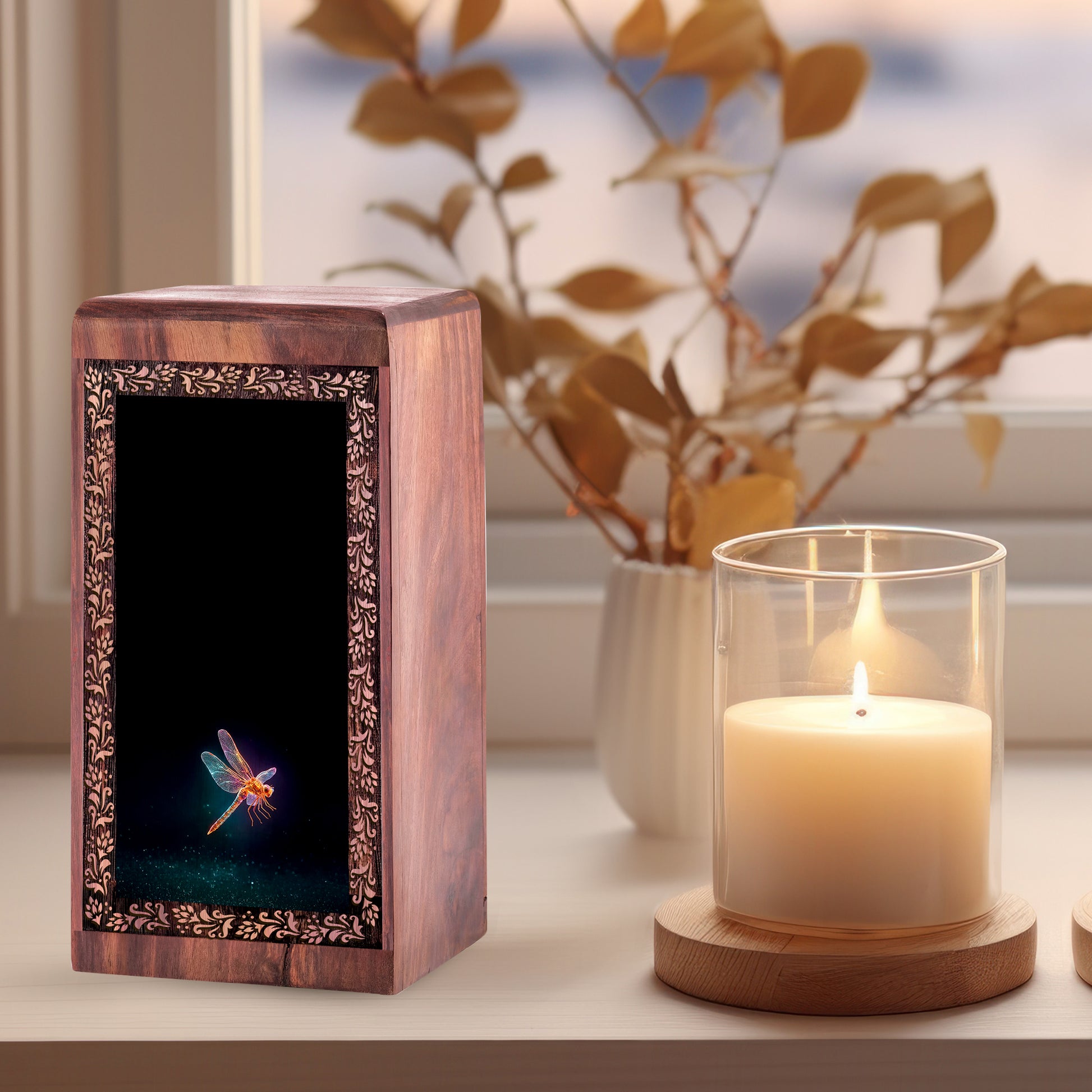 Personalized Dragonfly Memorial Box for Ashes - Handcrafted Wooden Urn Box