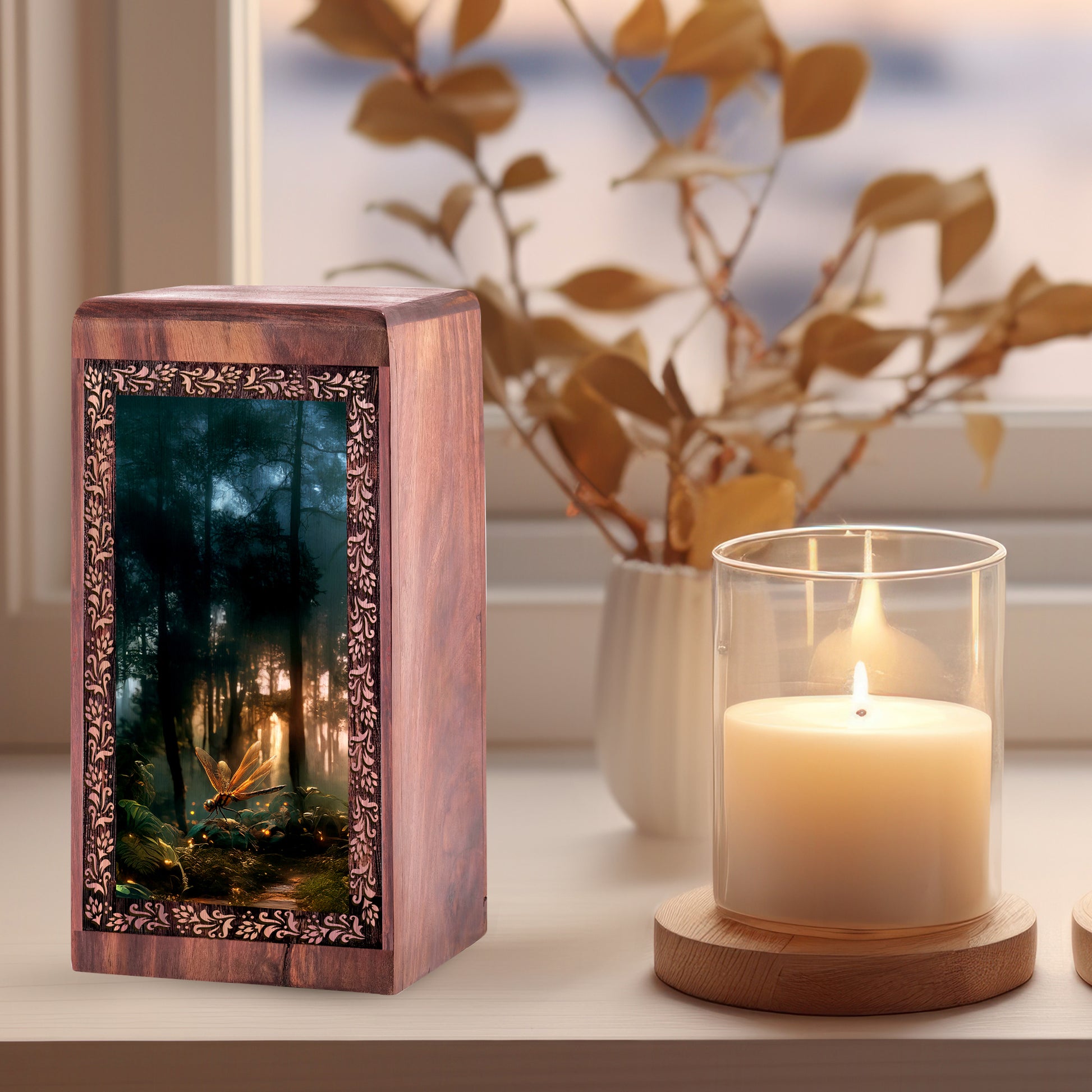 Dragonfly Memorial Keepsake Boxes Wooden - Sunbeam Forest Theme Cremation box