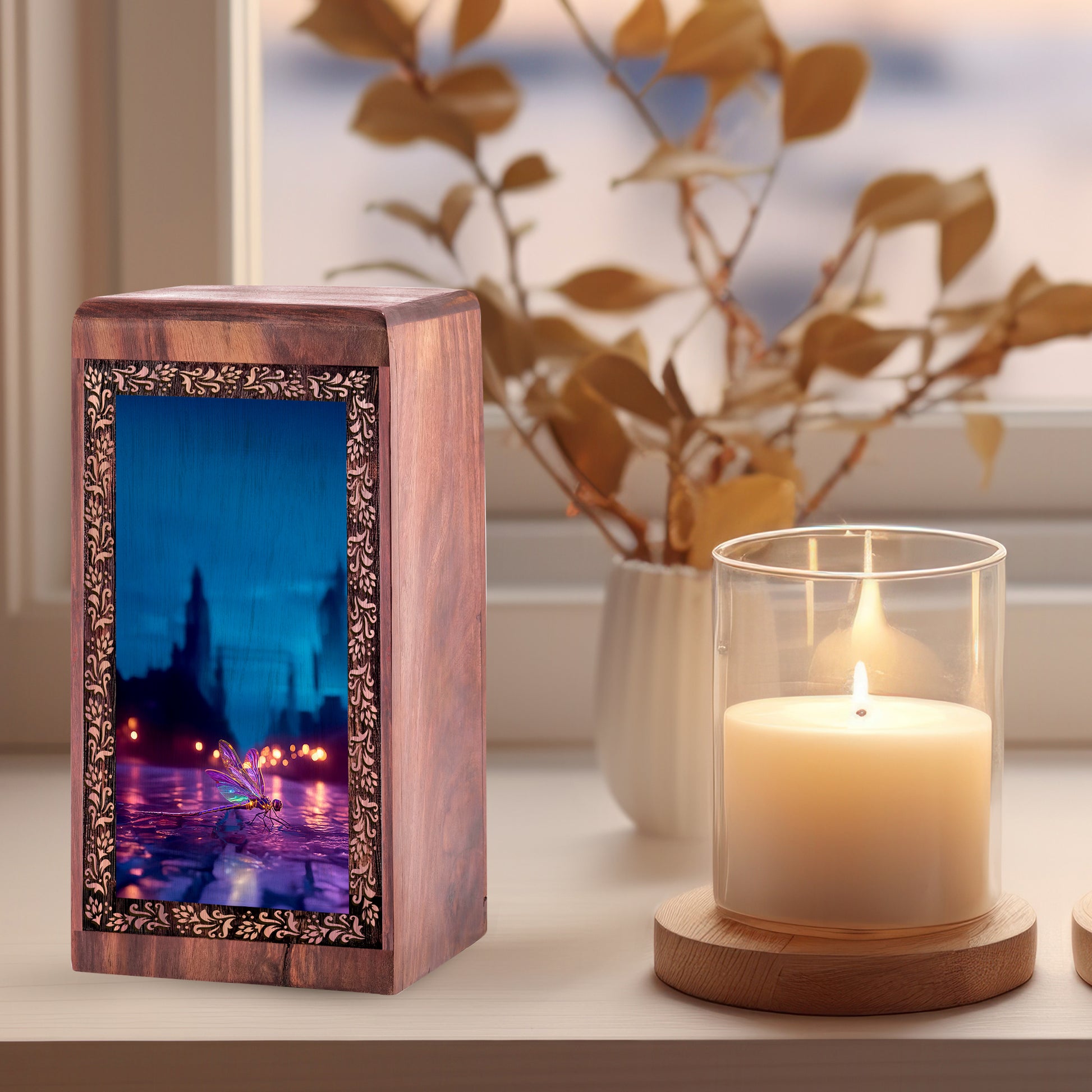 Evening Reflection Dragonfly Memorial Box - Modern memorial keepsake boxes wooden