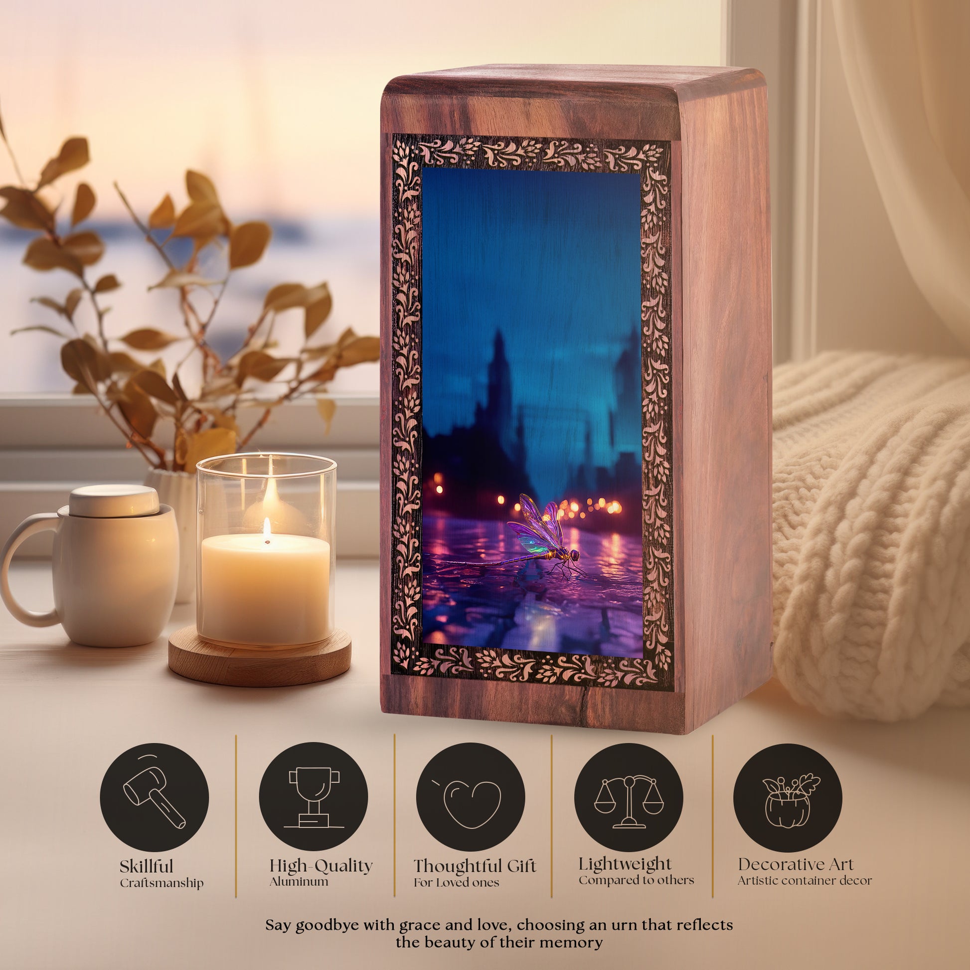 Evening Reflection Dragonfly Memorial Box - Modern memorial keepsake boxes wooden