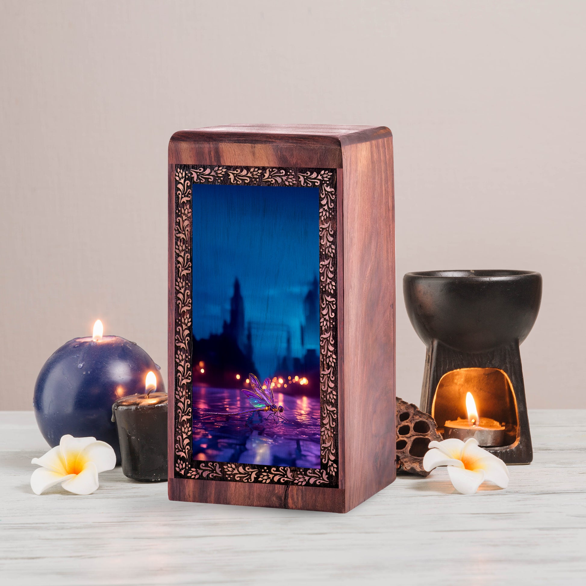 Evening Reflection Dragonfly Memorial Box - Modern memorial keepsake boxes wooden