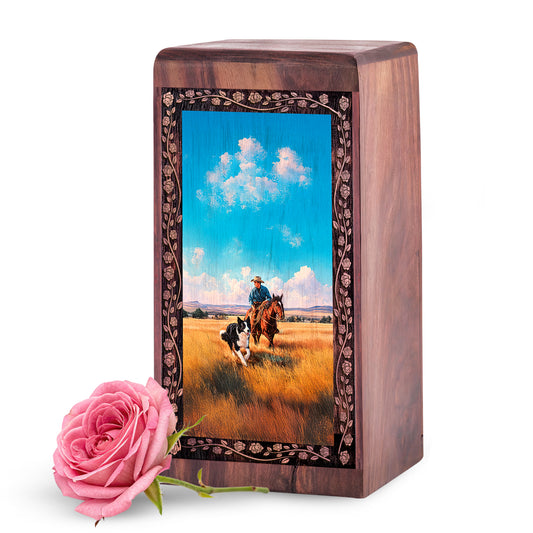 Western Cowboy Theme Wooden Urn for Ashes – Memorial Cremation Urn Box For Ashes