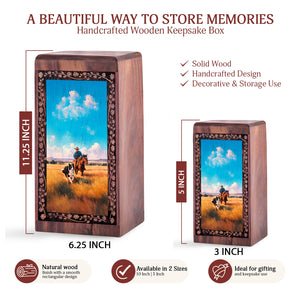 Western Cowboy Theme Wooden Urn for Ashes – Memorial Cremation Urn Box For Ashes