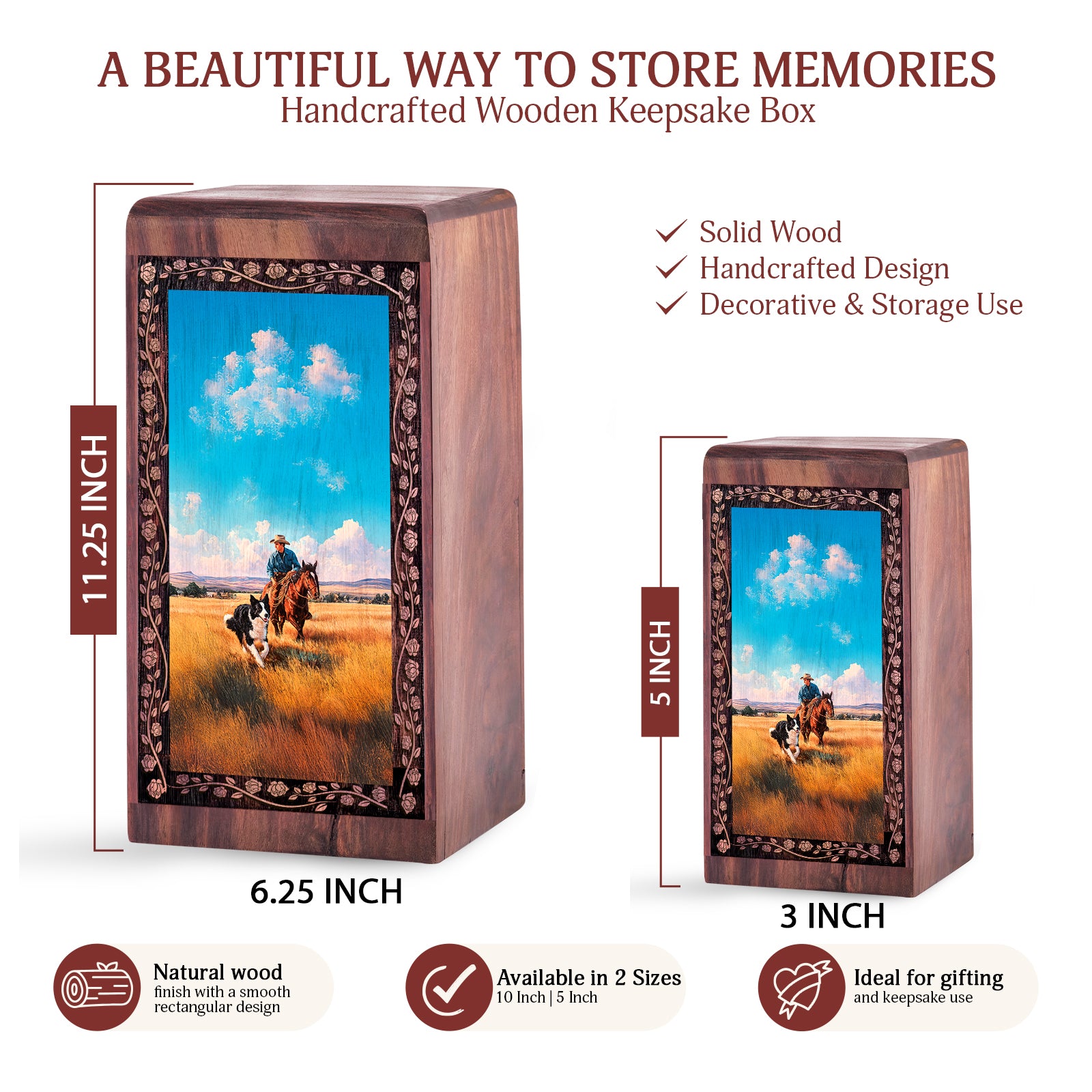 Western Cowboy Theme Wooden Urn for Ashes – Memorial Cremation Urn Box For Ashes