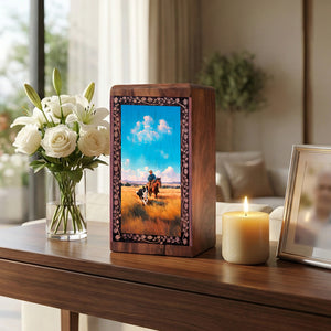Western Cowboy Theme Wooden Urn for Ashes – Memorial Cremation Urn Box For Ashes