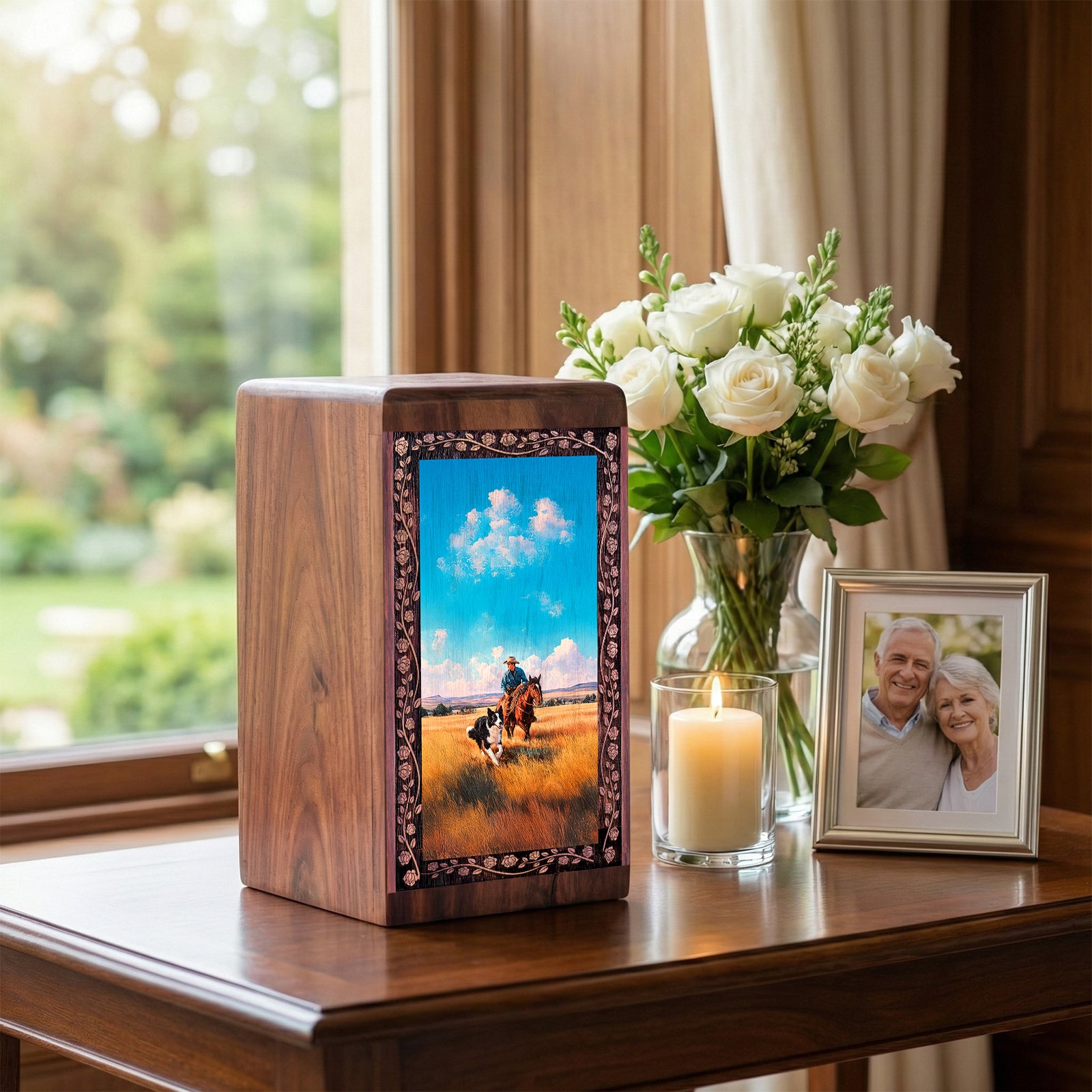 Western Cowboy Theme Wooden Urn for Ashes – Memorial Cremation Urn Box For Ashes