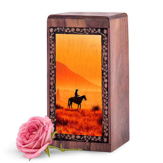 Sunset Cowboy Theme Cremation Urn – Funeral Wooden Urn For Human Ashes