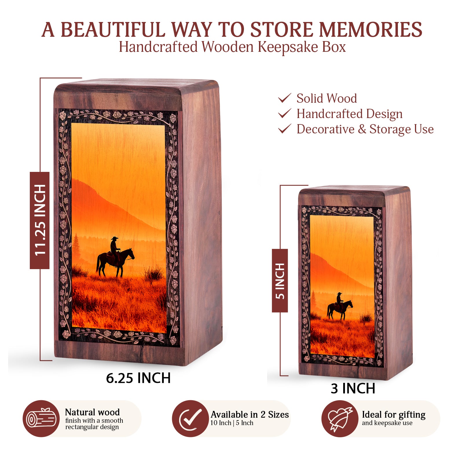 Sunset Cowboy Theme Cremation Urn – Funeral Wooden Urn For Human Ashes