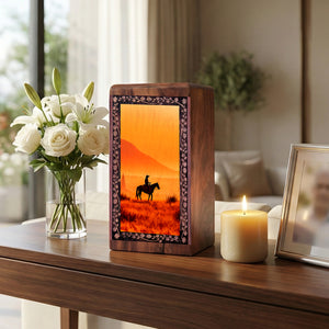 Sunset Cowboy Theme Cremation Urn – Funeral Wooden Urn For Human Ashes