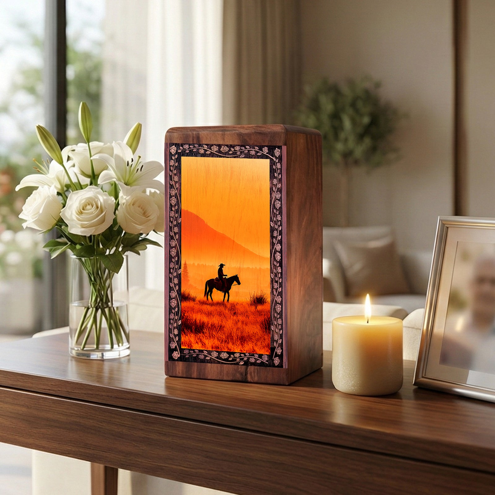 Sunset Cowboy Theme Cremation Urn – Funeral Wooden Urn For Human Ashes