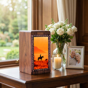 Sunset Cowboy Theme Cremation Urn – Funeral Wooden Urn For Human Ashes