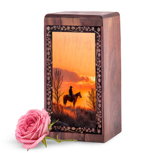 Decorative Cowboy Sunset Theme Urn For Ashes - Wooden Urn Box For Adult Male