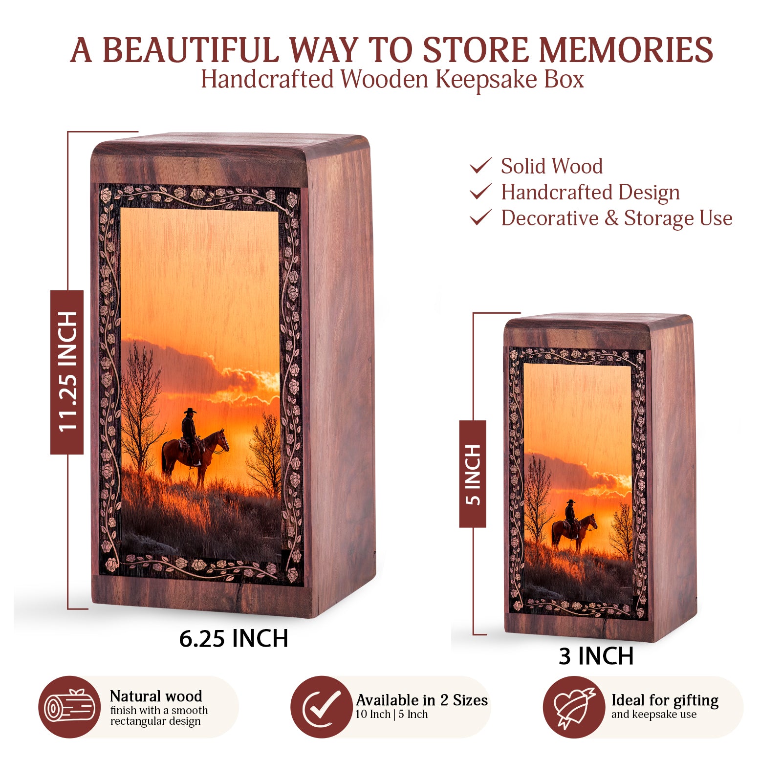 Decorative Cowboy Sunset Theme Urn For Ashes - Wooden Urn Box For Adult Male
