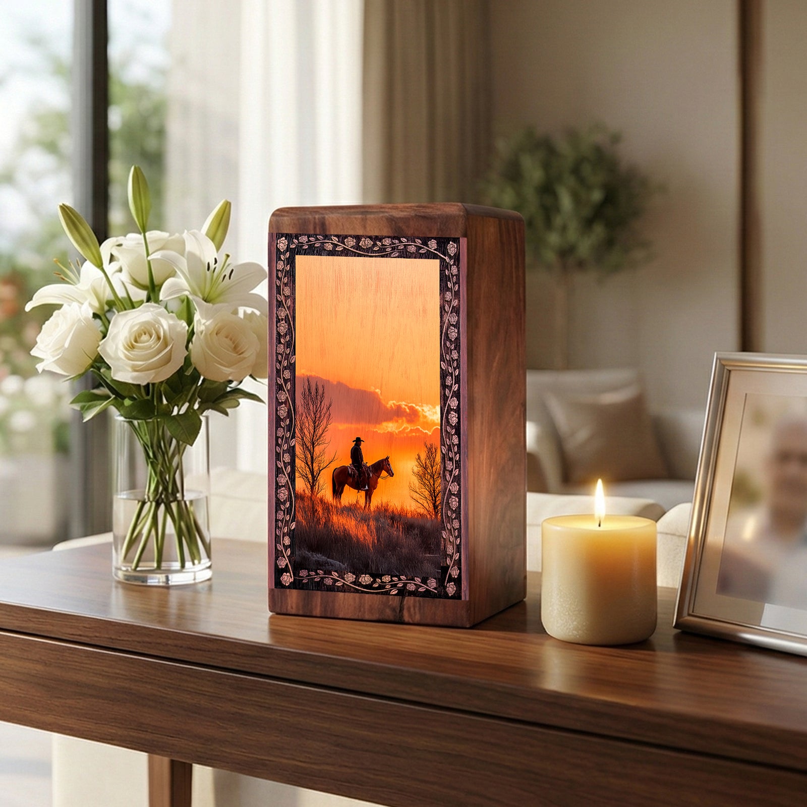 Decorative Cowboy Sunset Theme Urn For Ashes - Wooden Urn Box For Adult Male