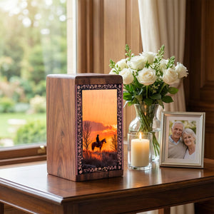 Decorative Cowboy Sunset Theme Urn For Ashes - Wooden Urn Box For Adult Male