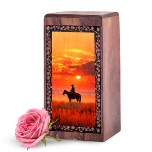 Red Sunset Cowboy Wooden Urn For Human Ashes - Wood Urn For Adults Female