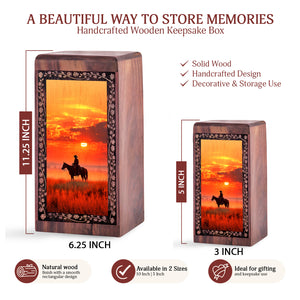 Red Sunset Cowboy Wooden Urn For Human Ashes - Wood Urn For Adults Female