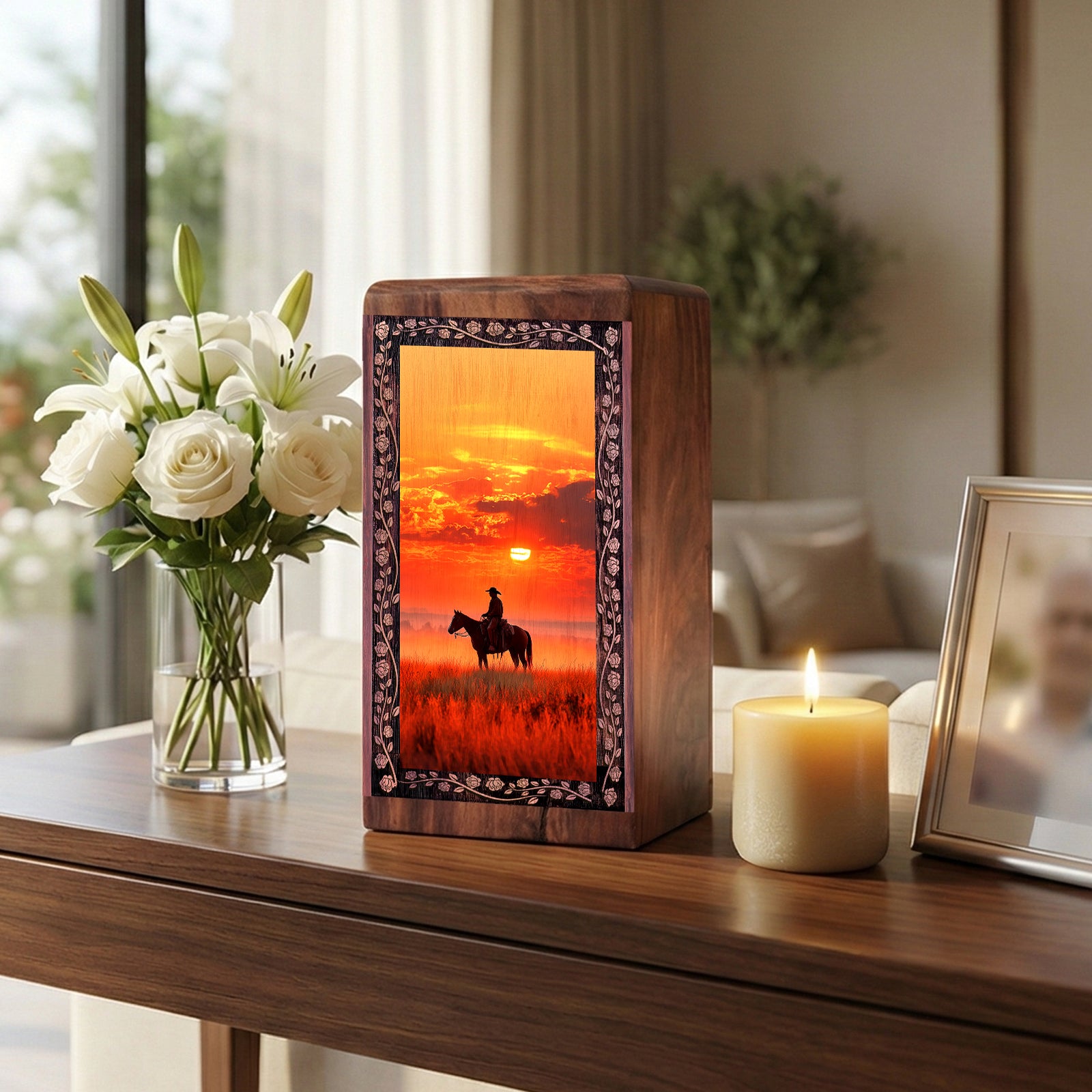 Red Sunset Cowboy Wooden Urn For Human Ashes - Wood Urn For Adults Female