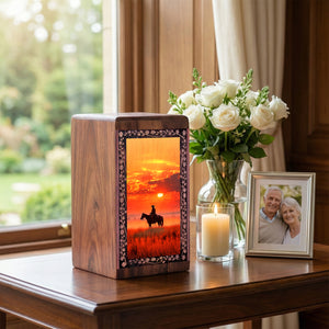 Red Sunset Cowboy Wooden Urn For Human Ashes - Wood Urn For Adults Female