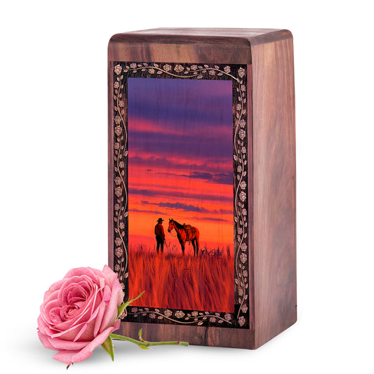 Handmade Sunset Cowboy Horse Theme Urn – Funeral Cremation Urn Box for Mom & Dad