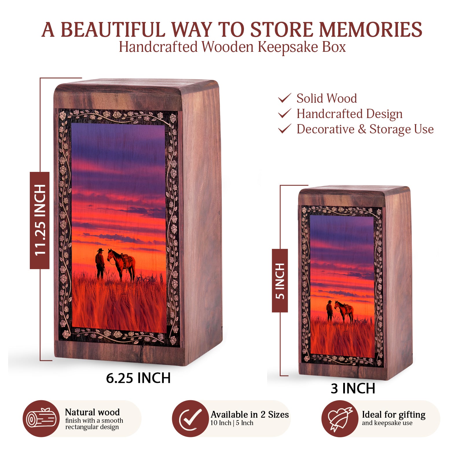 Handmade Sunset Cowboy Horse Theme Urn – Funeral Cremation Urn Box for Mom & Dad
