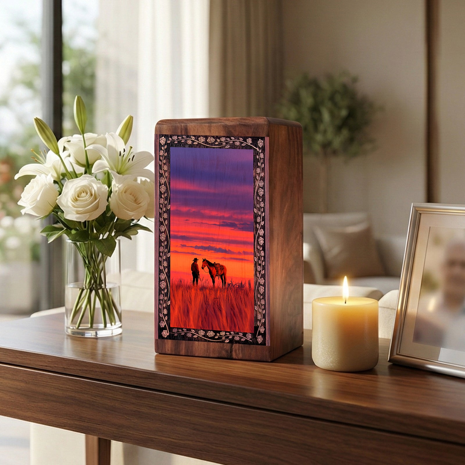 Handmade Sunset Cowboy Horse Theme Urn – Funeral Cremation Urn Box for Mom & Dad