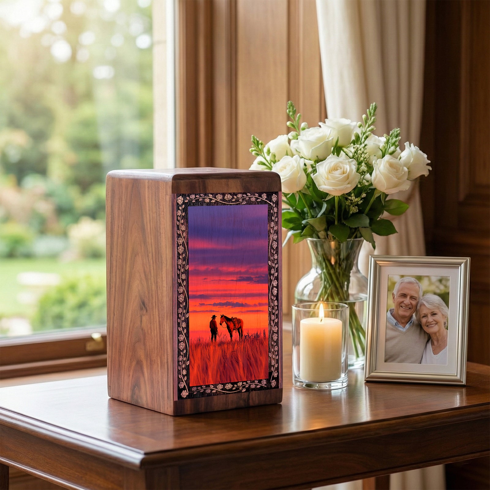 Handmade Sunset Cowboy Horse Theme Urn – Funeral Cremation Urn Box for Mom & Dad
