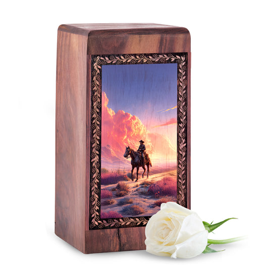 Sunset Eastern Wooden Urn for Ashes – Cowboy Cremation Box For Man