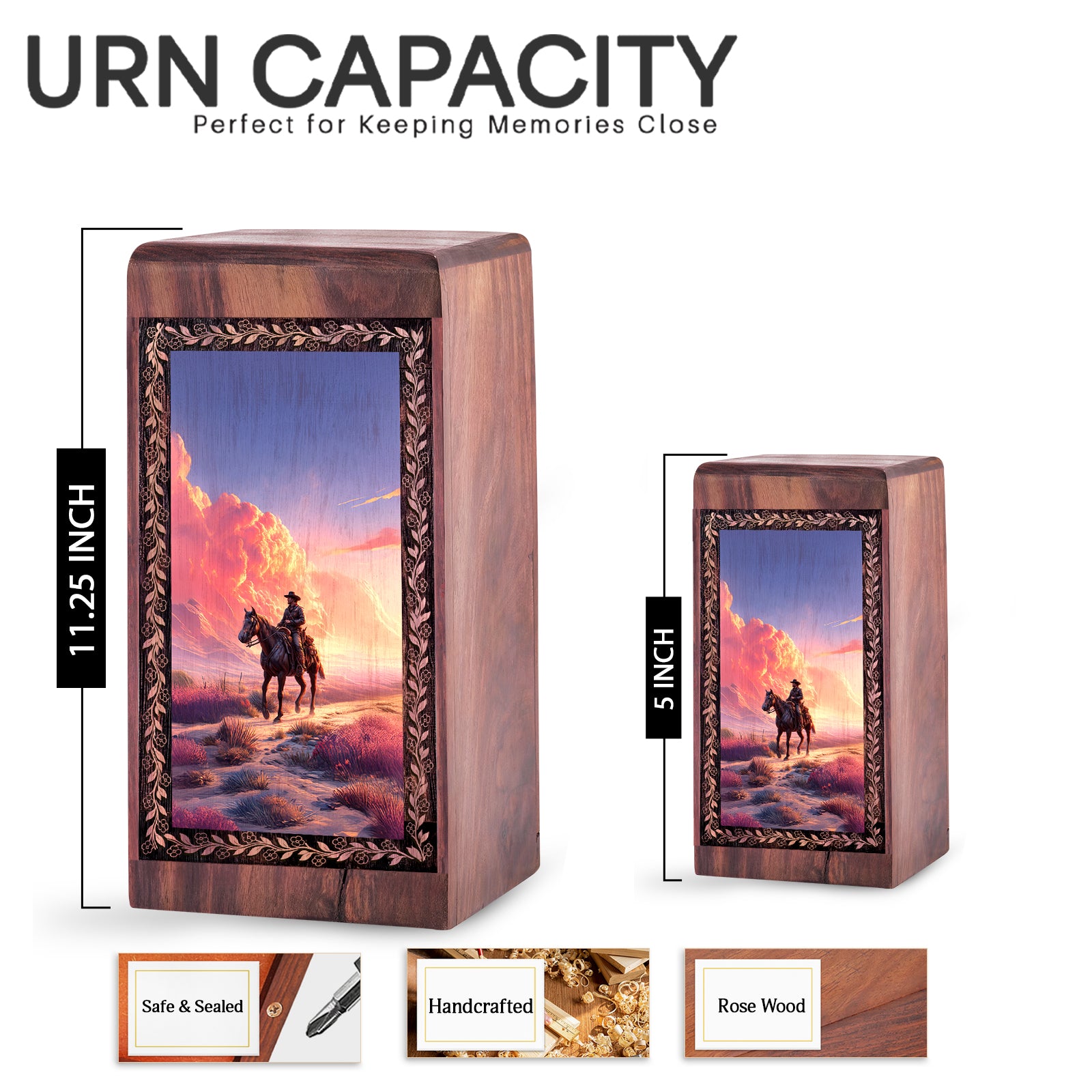 Sunset Eastern Wooden Urn for Ashes – Cowboy Cremation Box For Man