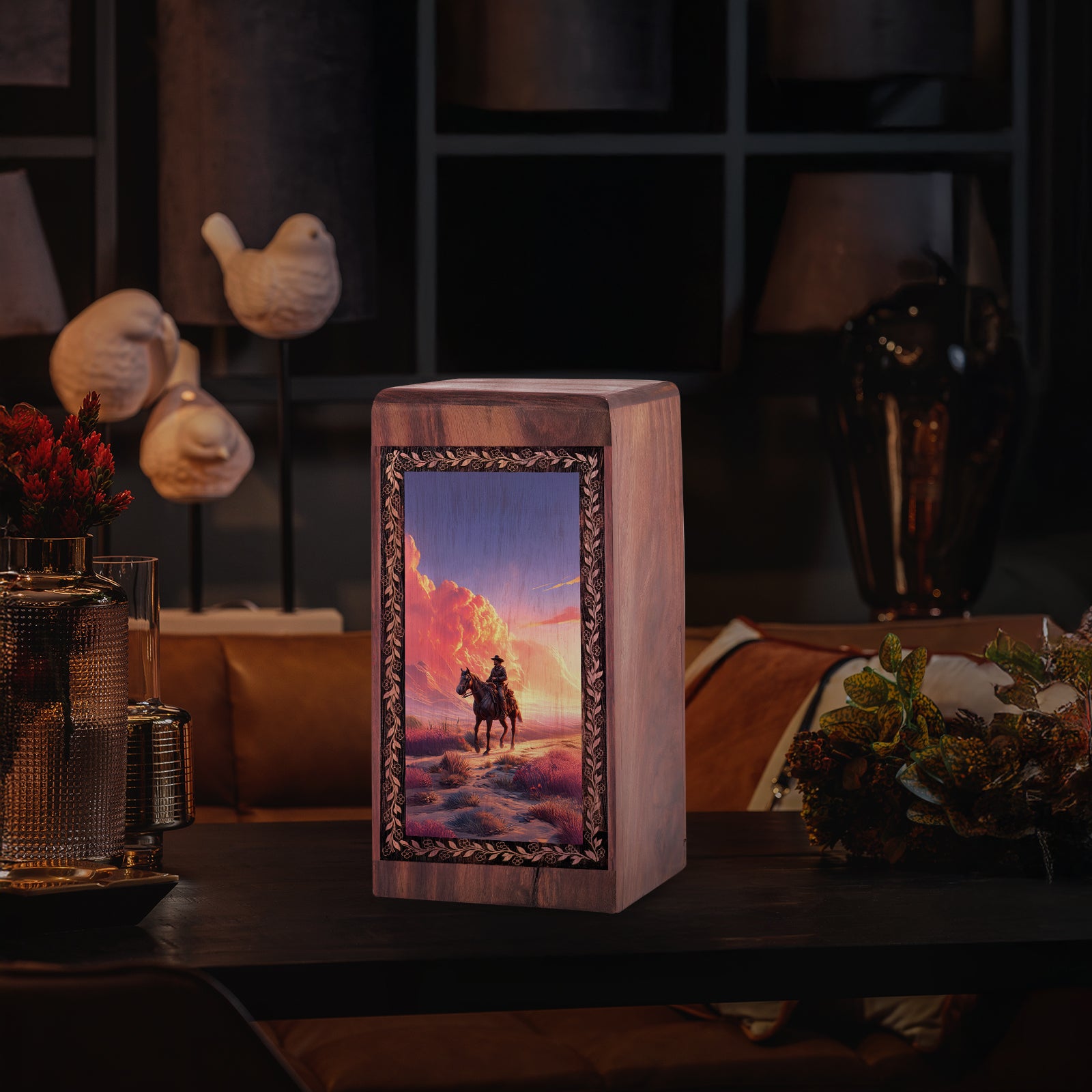 Sunset Eastern Wooden Urn for Ashes – Cowboy Cremation Box For Man