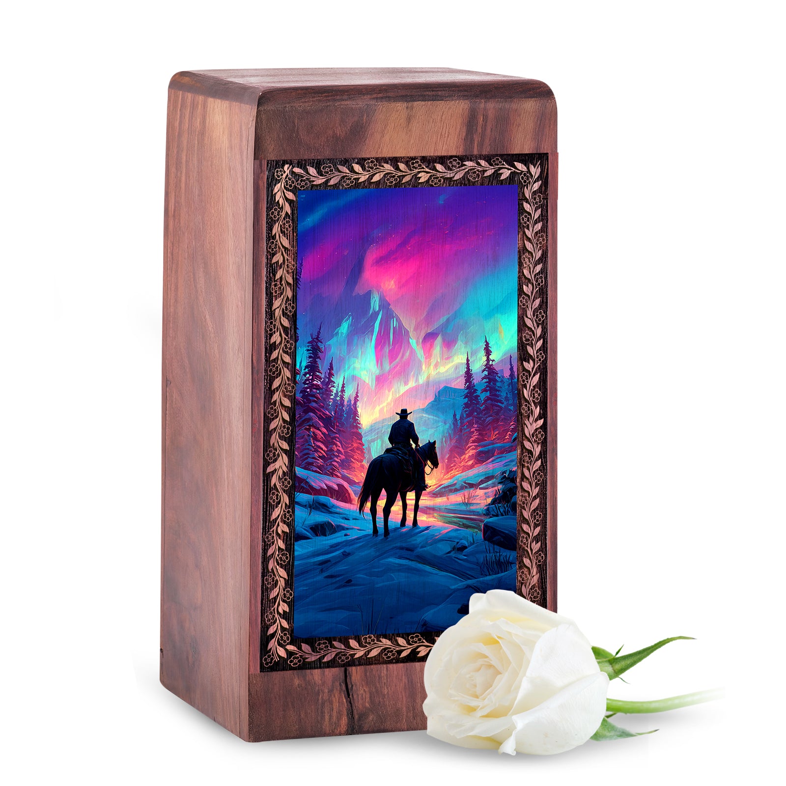 Mountain Night Sky Theme Rosewood Urn Box - Memorial Urn For Human Ashes
