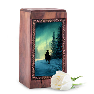 Northern Lights Snow Forest Theme Urn - Wooden Cowboy Box For Ahes