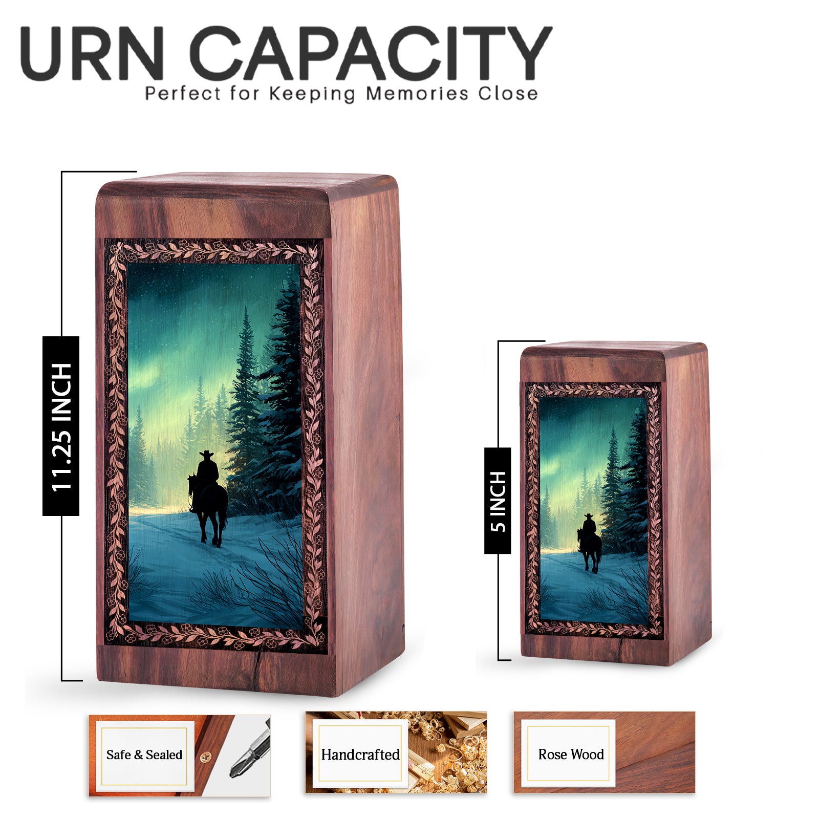 Northern Lights Snow Forest Theme Urn - Wooden Cowboy Box For Ahes