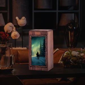 Northern Lights Snow Forest Theme Urn - Wooden Cowboy Box For Ahes