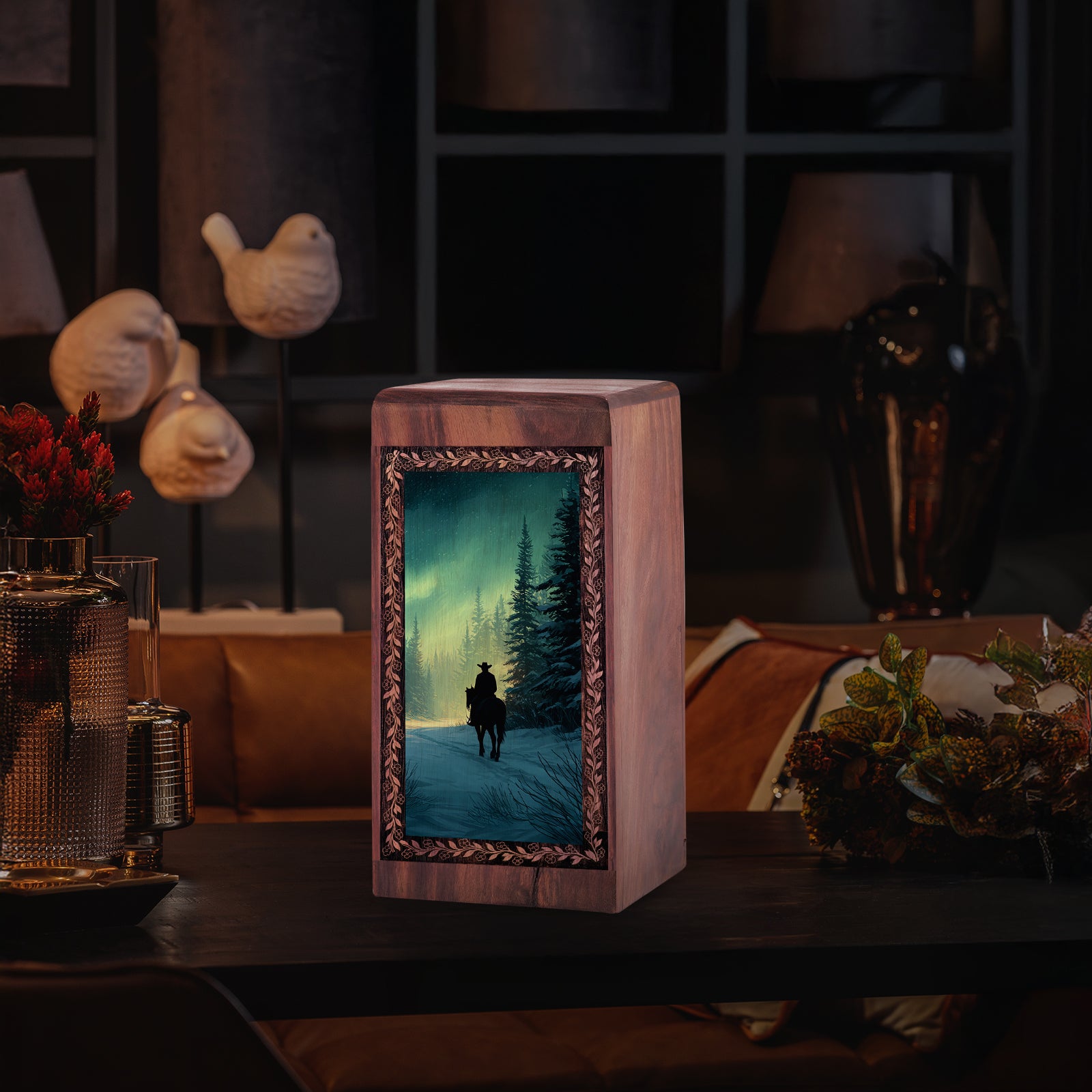 Northern Lights Snow Forest Theme Urn - Wooden Cowboy Box For Ahes