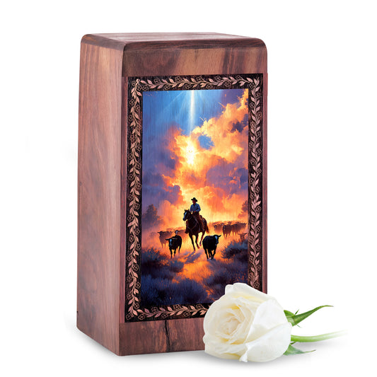 Divine Sunset Cremation Urn For Human Adults - Handmade Wooden Urn For Burial