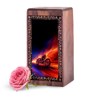 Motorcycle Wooden Urn For Ashes - Flame Theme Cremation Urn For Aduts Male