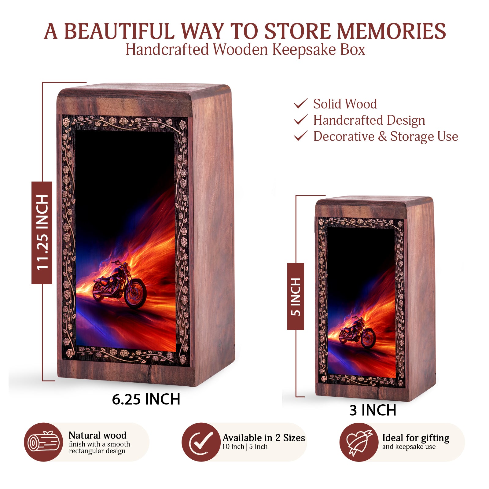 Motorcycle Wooden Urn For Ashes - Flame Theme Cremation Urn For Aduts Male