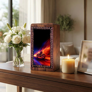 Motorcycle Wooden Urn For Ashes - Flame Theme Cremation Urn For Aduts Male