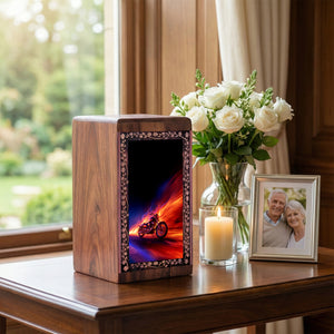 Motorcycle Wooden Urn For Ashes - Flame Theme Cremation Urn For Aduts Male