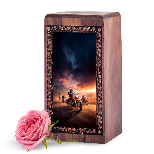 Biker Sunset Theme Memorial Urn - Handmade Wooden Cremation Urn For Mom & Dad