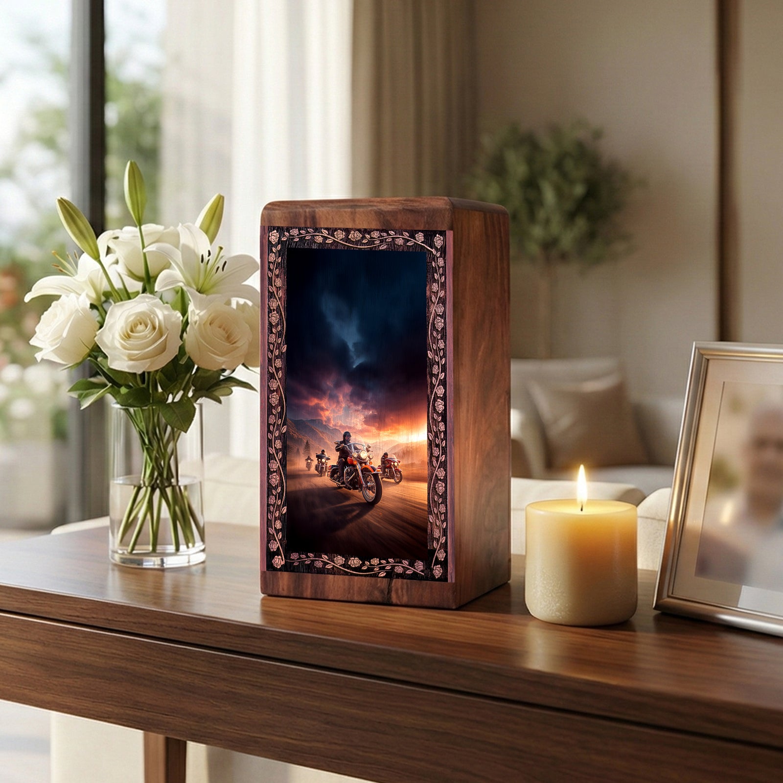 Biker Sunset Theme Memorial Urn - Handmade Wooden Cremation Urn For Mom & Dad